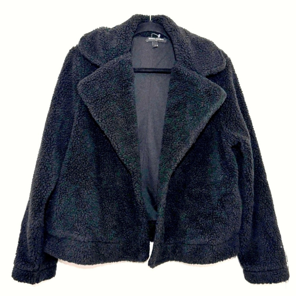 Banana Republic Black Sherpa Teddy Jacket Faux Fur Open Front Coat Womens Large - Picture 3 of 5
